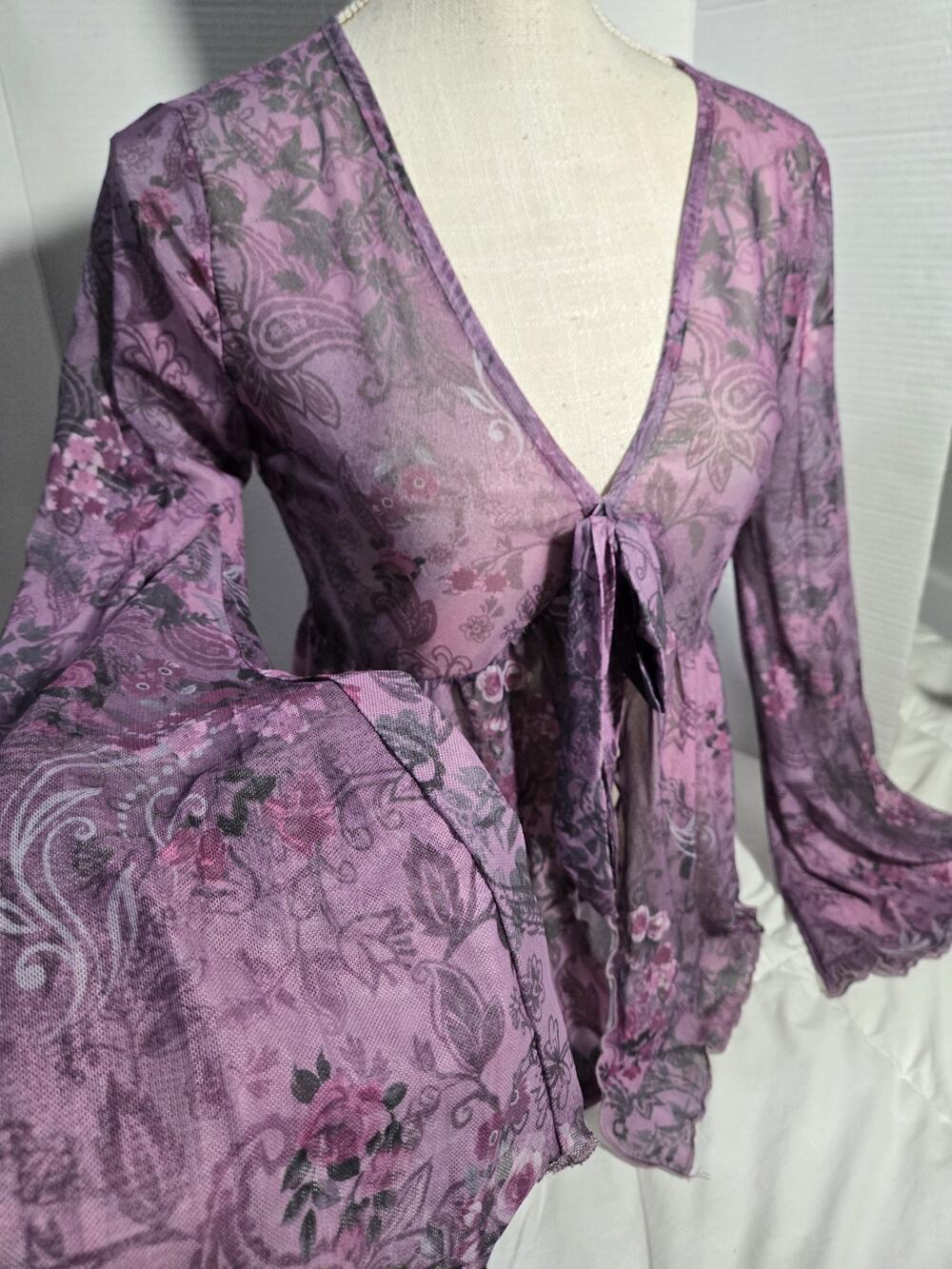 Y2K Boho Sheer Tie Front Purple Floral Sz S Flared Sleeve Lace See-through...